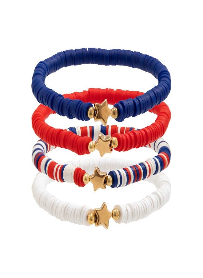 SCRDPRAD 4Pcs 4th of July Bracelets for Women Independence Day USA American Flag Star Red White Blue Patriotic Bracelets Polymer Clay Stretch Heishi Surfer Bracelets Holiday Jewelry-B - Image 1